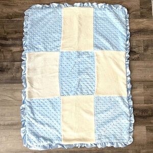 Baby Blanket Minky Dot Nubby Bumpy Patchwork Blue Cream Satin Edge Lovey